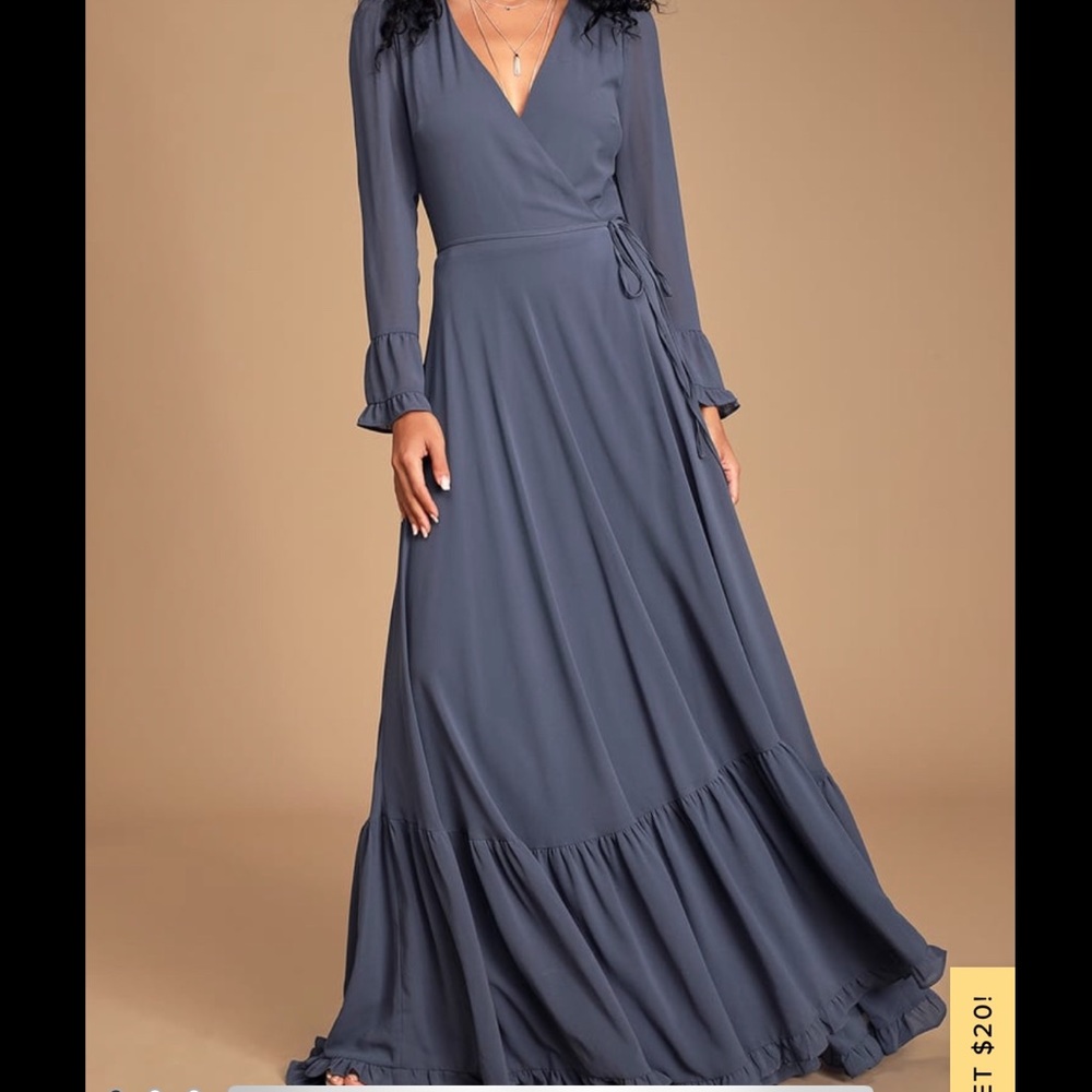 Slate Blue Chiffon Tiered Wrap Maxi Dress